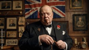 Sir Winston Churchill cigar in hand, surrounded by carved wartime banners, medals, and the British Parliament.